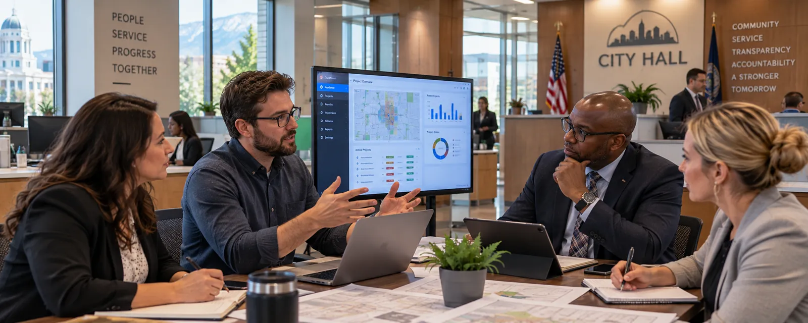 Technology collaboration scene with city hall backdrop