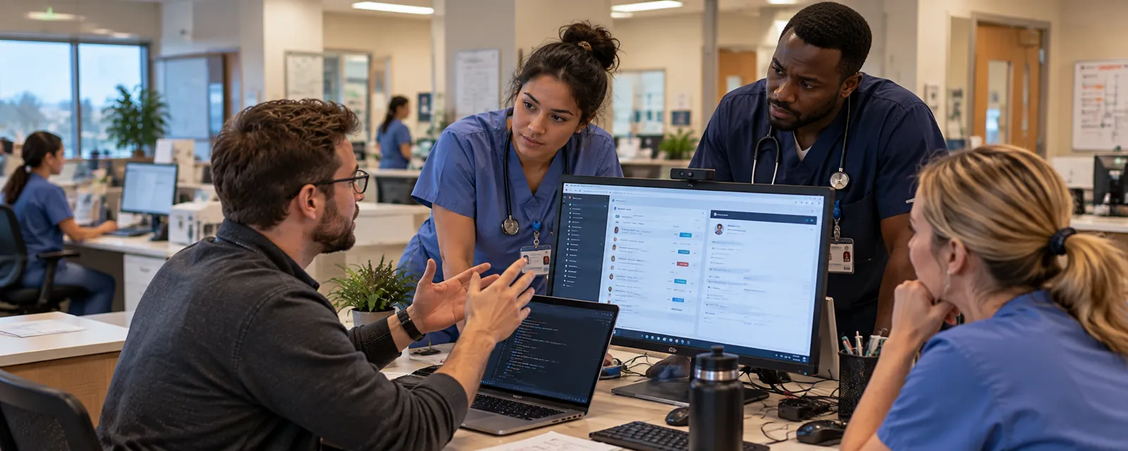 Team collaborating around software screens